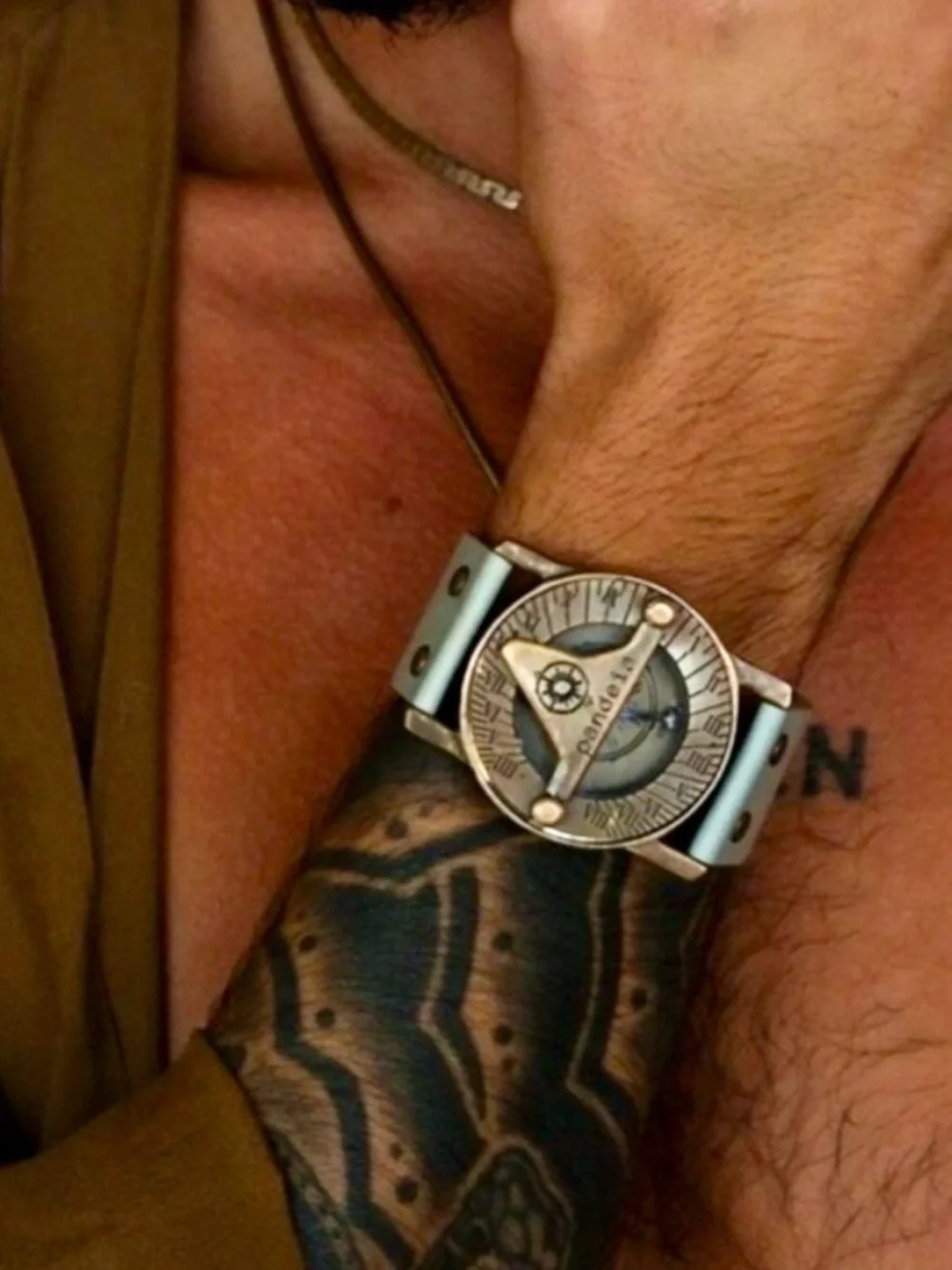 PANDEIA Sundial Watch Black Leather Cuff Bronze Roman Numeral Steampunk Artisan